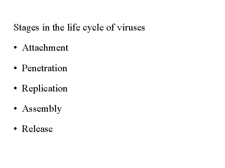 Stages in the life cycle of viruses • Attachment • Penetration • Replication •