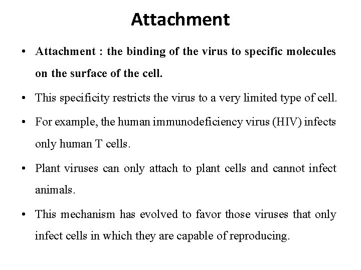 Attachment • Attachment : the binding of the virus to specific molecules on the