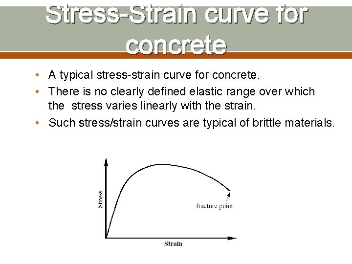 Stress-Strain curve for concrete • A typical stress-strain curve for concrete. • There is