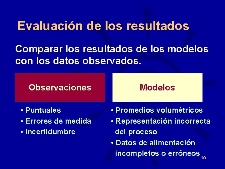 Evaluación de los resultados Comparar los resultados de los modelos con los datos observados.