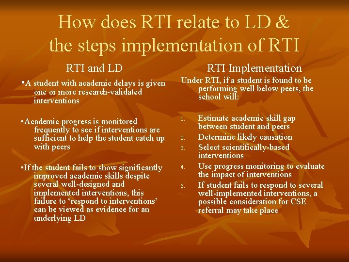 How does RTI relate to LD & the steps implementation of RTI and LD