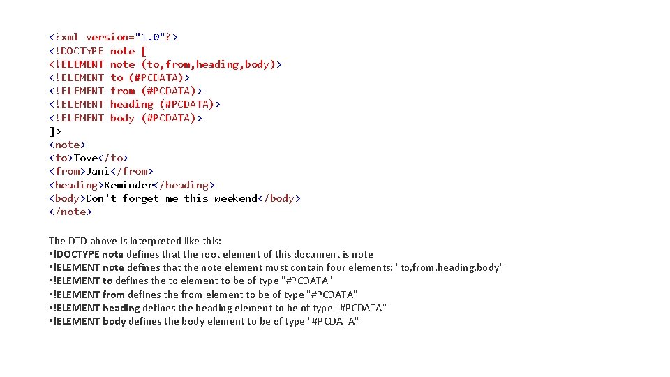 <? xml version="1. 0"? > <!DOCTYPE note [ <!ELEMENT note (to, from, heading, body)>