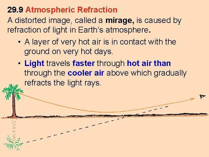 29. 9 Atmospheric Refraction A distorted image, called a mirage, is caused by refraction