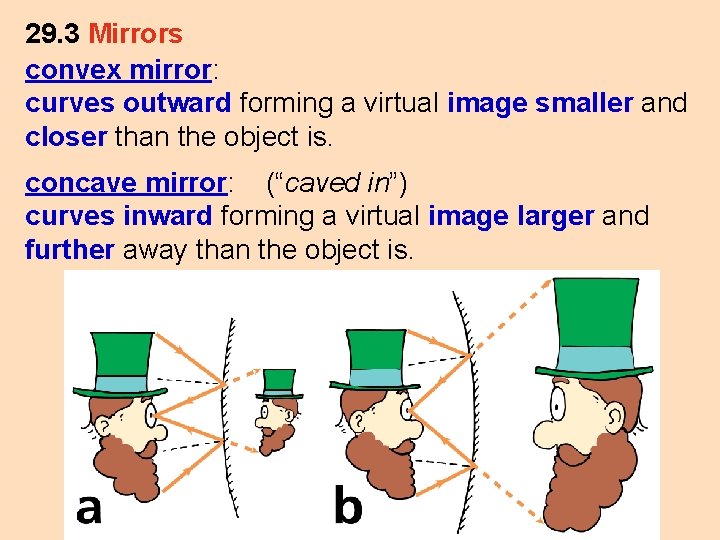 29. 3 Mirrors convex mirror: curves outward forming a virtual image smaller and closer