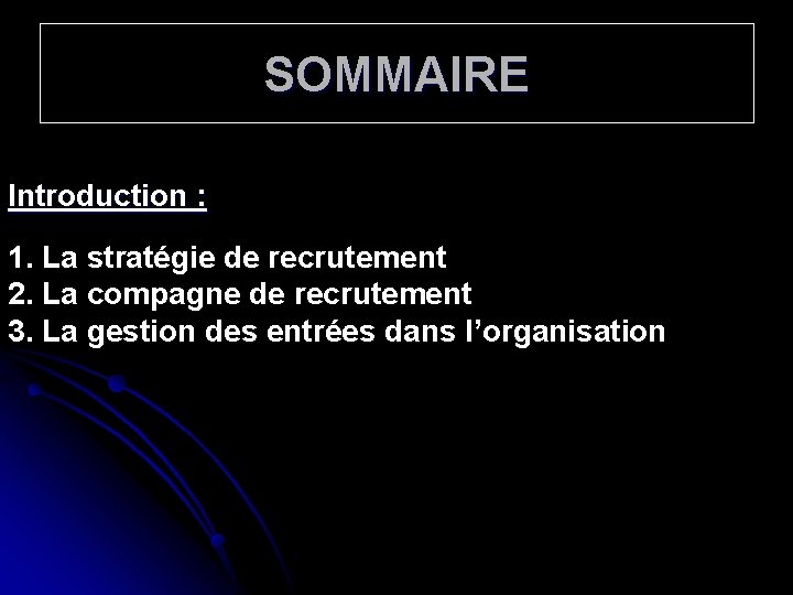 SOMMAIRE Introduction : 1. La stratégie de recrutement 2. La compagne de recrutement 3.