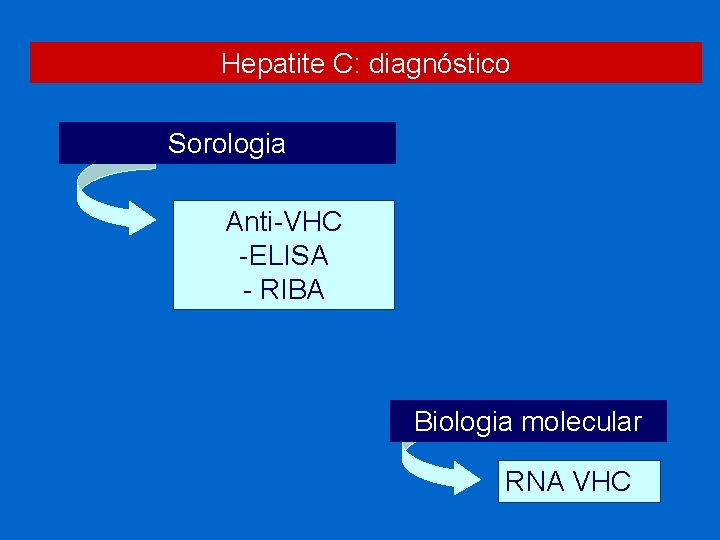 Hepatite C: diagnóstico Sorologia Anti-VHC -ELISA - RIBA Biologia molecular RNA VHC 