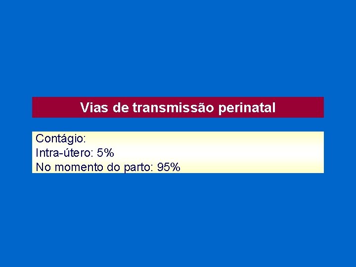 Vias de transmissão perinatal Contágio: Intra-útero: 5% No momento do parto: 95% 