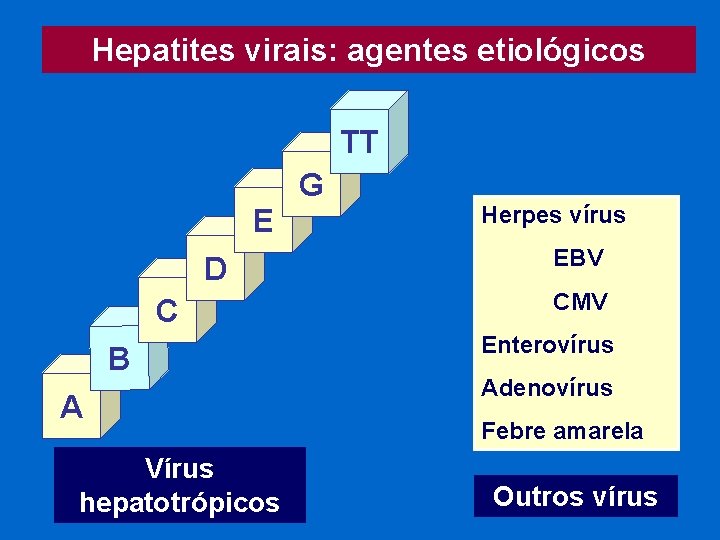 Hepatites virais: agentes etiológicos TT G E Herpes vírus EBV D C B A