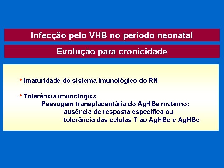 Infecção pelo VHB no período neonatal Evolução para cronicidade • Imaturidade do sistema imunológico