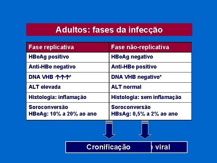 Adultos: fases da infecção Fase replicativa Fase não-replicativa HBe. Ag positivo HBe. Ag negativo