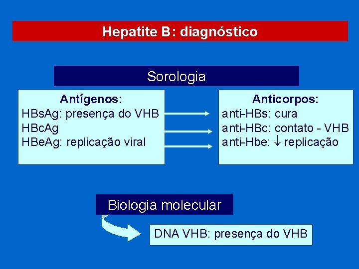 Hepatite B: diagnóstico Sorologia Antígenos: HBs. Ag: presença do VHB HBc. Ag HBe. Ag: