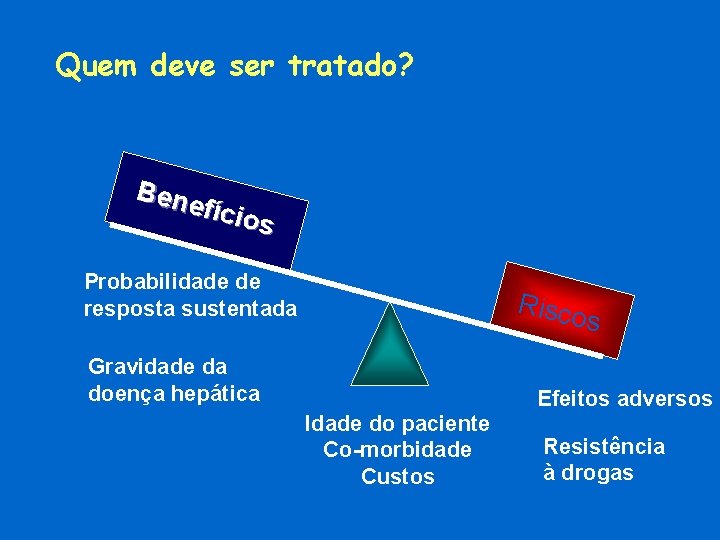 Quem deve ser tratado? Bene fício s Probabilidade de resposta sustentada Risco s Gravidade