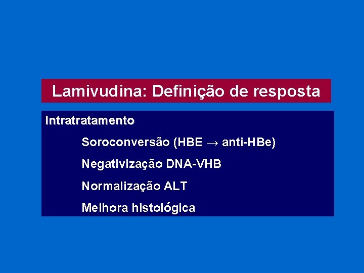 Lamivudina: Definição de resposta Intratratamento Soroconversão (HBE → anti-HBe) Negativização DNA-VHB Normalização ALT Melhora