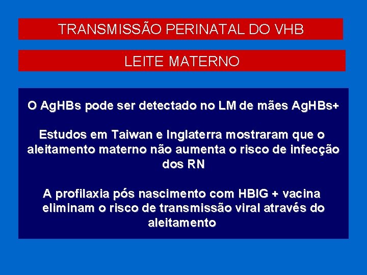 TRANSMISSÃO PERINATAL DO VHB LEITE MATERNO O Ag. HBs pode ser detectado no LM