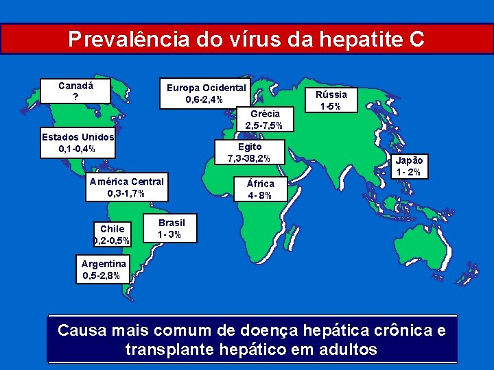 Prevalência do vírus da hepatite C Canadá ? Europa Ocidental 0, 6 -2, 4%