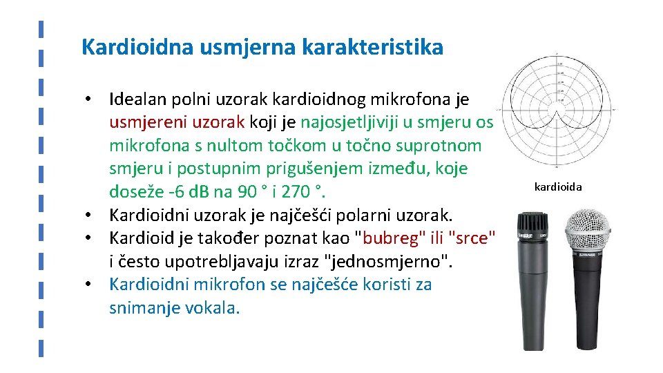 Kardioidna usmjerna karakteristika • Idealan polni uzorak kardioidnog mikrofona je usmjereni uzorak koji je