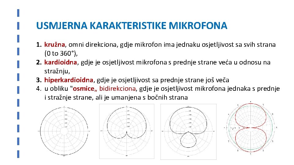 USMJERNA KARAKTERISTIKE MIKROFONA 1. kružna, omni direkciona, gdje mikrofon ima jednaku osjetljivost sa svih