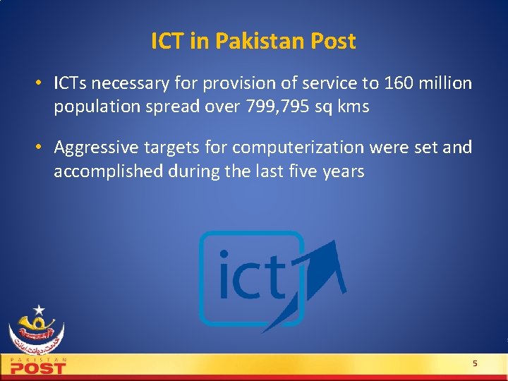 ICT in Pakistan Post • ICTs necessary for provision of service to 160 million