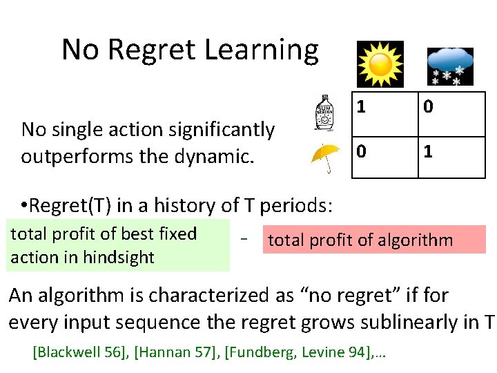 No Regret Learning No single action significantly outperforms the dynamic. 1 0 0 1