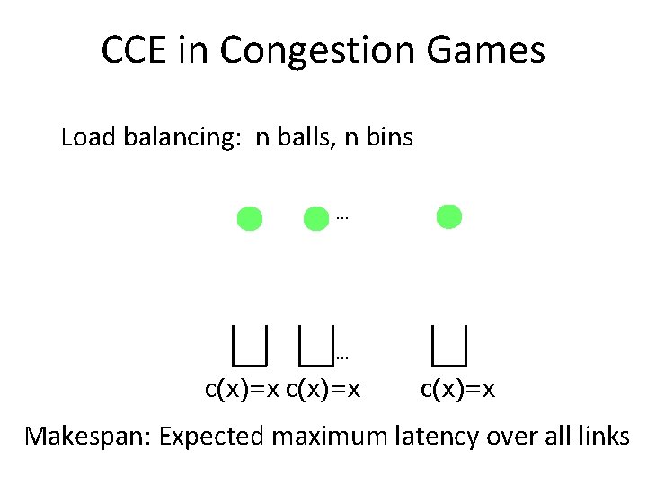 CCE in Congestion Games Load balancing: n balls, n bins … … c(x)=x Makespan: