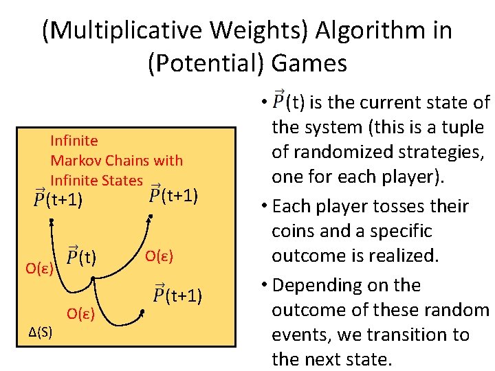 (Multiplicative Weights) Algorithm in (Potential) Games Infinite Markov Chains with Infinite States (t+1) O(ε)