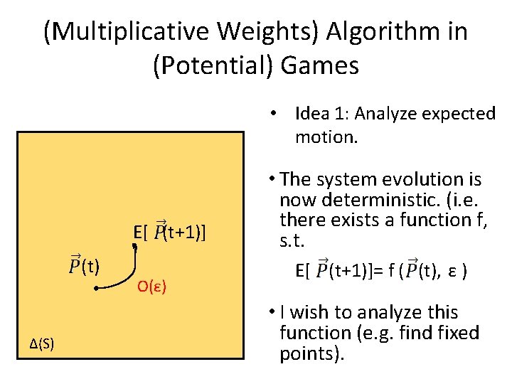 (Multiplicative Weights) Algorithm in (Potential) Games • Idea 1: Analyze expected motion. E[ (t+1)]