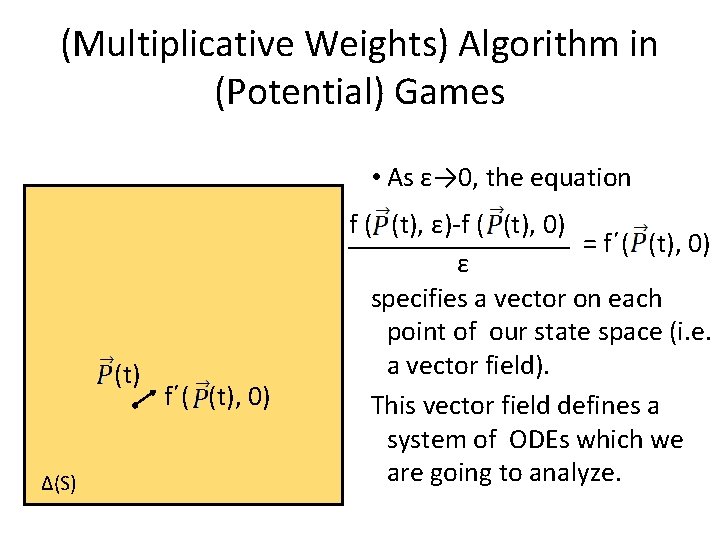 (Multiplicative Weights) Algorithm in (Potential) Games • As ε→ 0, the equation (t) Δ(S)