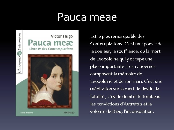 Pauca meae Est le plus remarquable des Contemplations. C’est une poésie de la douleur,