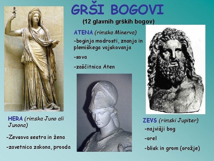 GRŠI BOGOVI (12 glavnih grških bogov) ATENA (rimska Minerva) -boginja modrosti, znanja in plemiškega