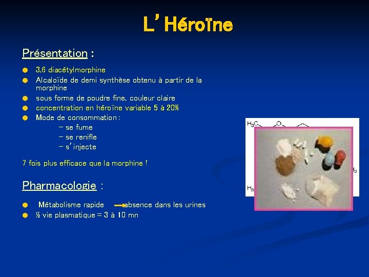 L’Héroïne Présentation : ● ● ● 3, 6 diacétylmorphine Alcaloïde de demi synthèse obtenu