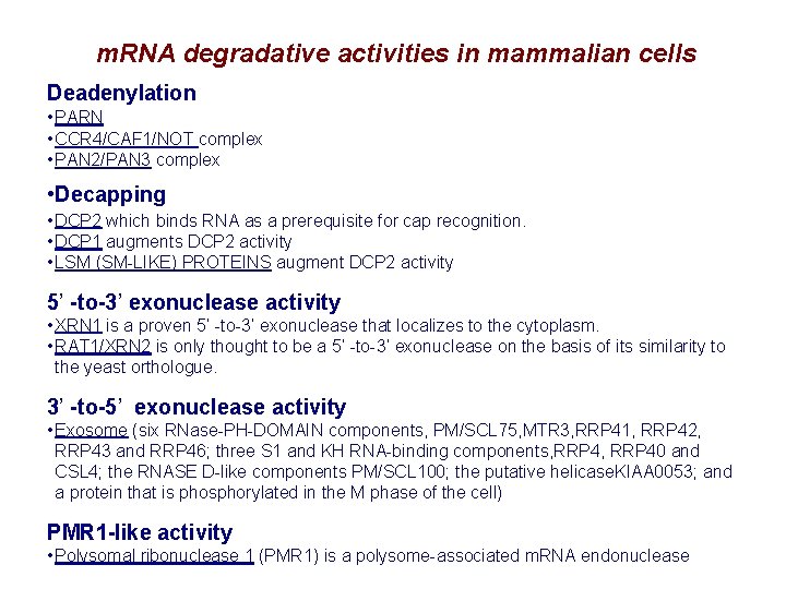 m. RNA degradative activities in mammalian cells Deadenylation • PARN • CCR 4/CAF 1/NOT m. RNA degradative activities in mammalian cells Deadenylation • PARN • CCR 4/CAF 1/NOT