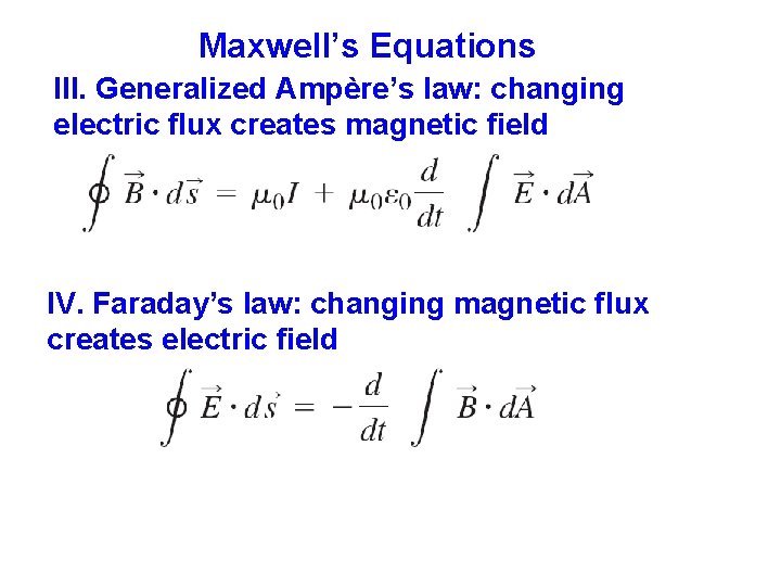 Maxwell’s Equations III. Generalized Ampère’s law: changing electric flux creates magnetic field IV. Faraday’s