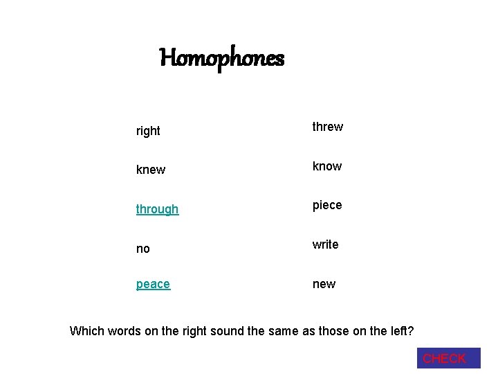 Homophones right threw know through piece no write peace new Which words on the