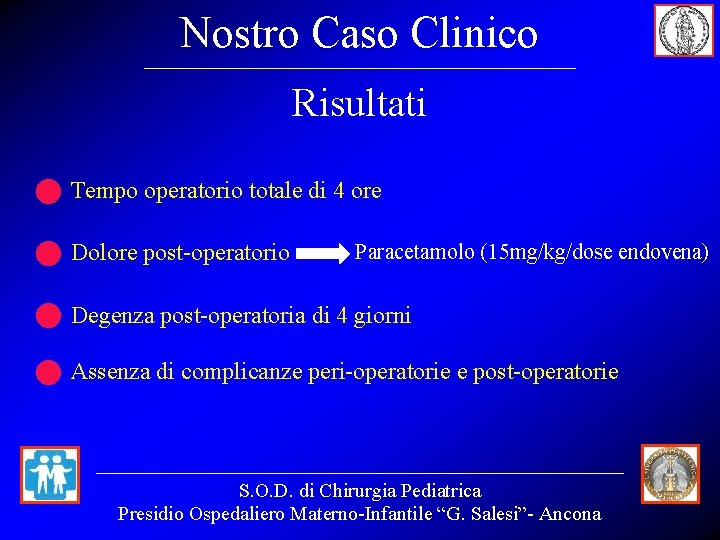 Nostro Caso Clinico Risultati • • Tempo operatorio totale di 4 ore Dolore post-operatorio