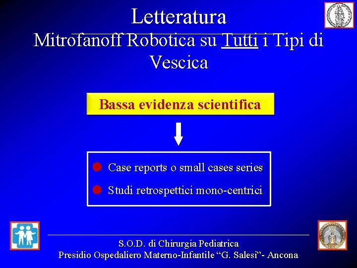 Letteratura Mitrofanoff Robotica su Tutti i Tipi di Vescica Bassa evidenza scientifica Case reports