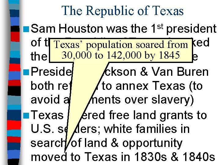 The Republic of Texas n Sam Houston was the 1 st president of the