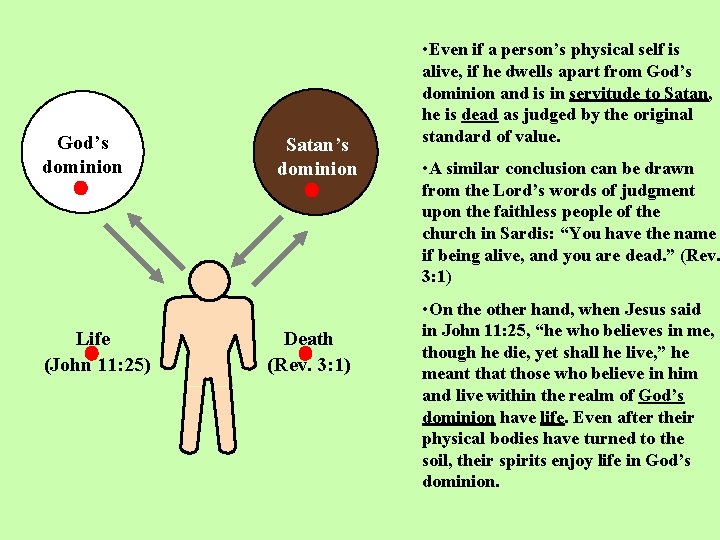 God’s dominion Life (John 11: 25) Satan’s dominion Death (Rev. 3: 1) • Even God’s dominion Life (John 11: 25) Satan’s dominion Death (Rev. 3: 1) • Even