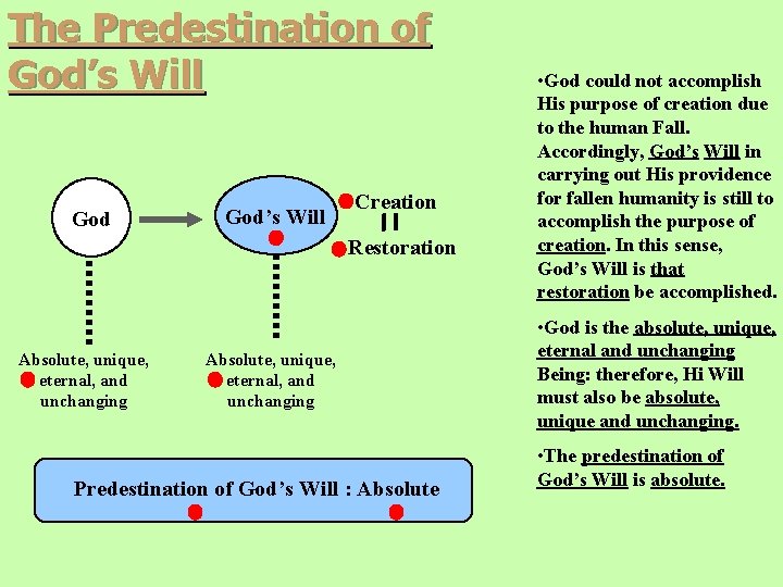 The Predestination of God’s Will Creation Restoration Absolute, unique, eternal, and unchanging Predestination of The Predestination of God’s Will Creation Restoration Absolute, unique, eternal, and unchanging Predestination of