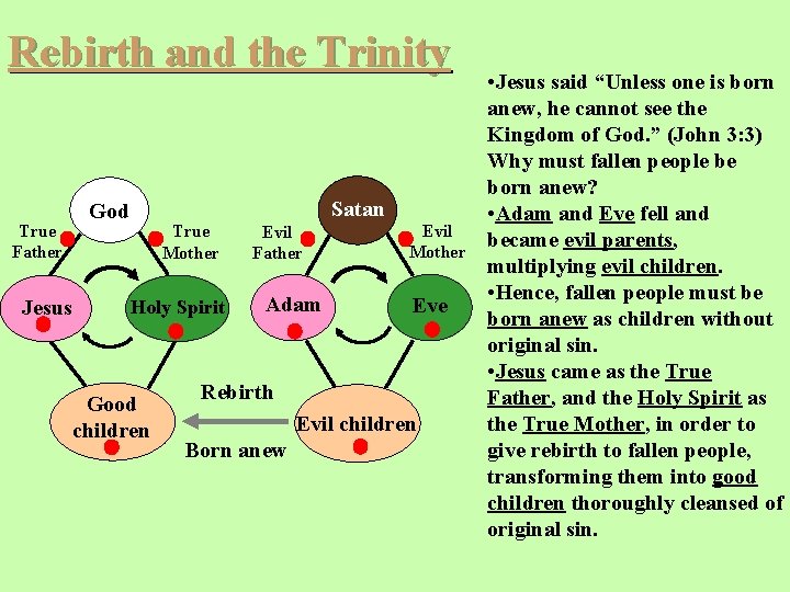 Rebirth and the Trinity True Father Jesus Satan God True Mother Holy Spirit Good Rebirth and the Trinity True Father Jesus Satan God True Mother Holy Spirit Good