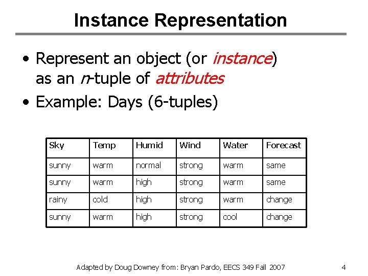 Instance Representation • Represent an object (or instance) as an n-tuple of attributes •