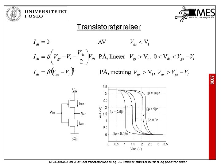 Transistorstørrelser 2008 INF 3400/4400 Del 3 Utvidet transistormodell og DC karakteristikk for inverter og