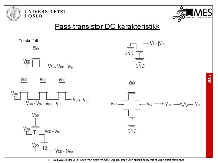 Pass transistor DC karakteristikk Terskelfall: 2008 INF 3400/4400 Del 3 Utvidet transistormodell og DC