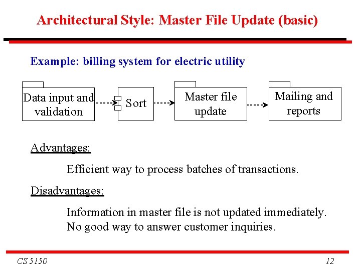 Architectural Style: Master File Update (basic) Example: billing system for electric utility Data input Architectural Style: Master File Update (basic) Example: billing system for electric utility Data input