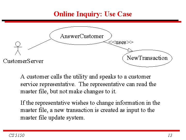 Online Inquiry: Use Case Answer. Customer. Server <<uses>> New. Transaction A customer calls the Online Inquiry: Use Case Answer. Customer. Server <<uses>> New. Transaction A customer calls the