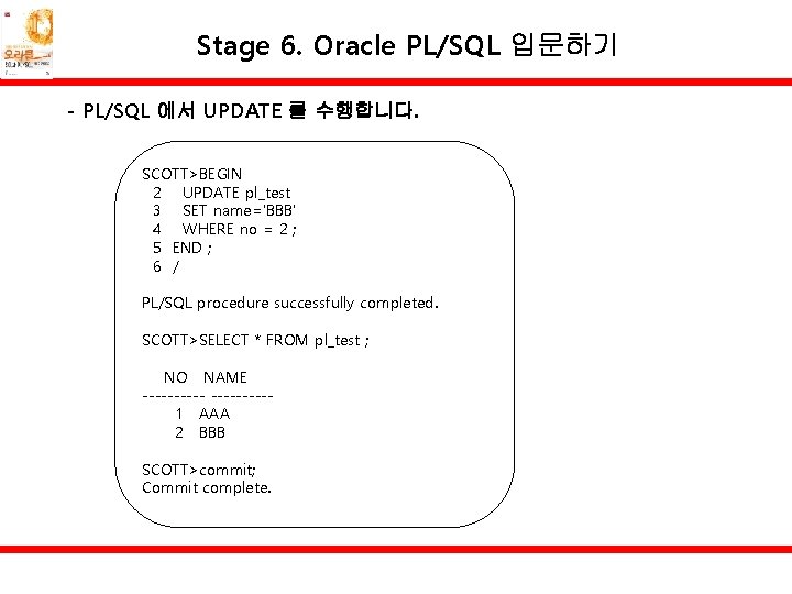 Stage 6. Oracle PL/SQL 입문하기 - PL/SQL 에서 UPDATE 를 수행합니다. SCOTT>BEGIN 2 UPDATE