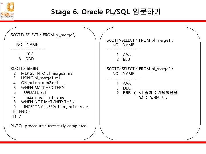 Stage 6. Oracle PL/SQL 입문하기 SCOTT>SELECT * FROM pl_merge 2; NO NAME -----1 CCC