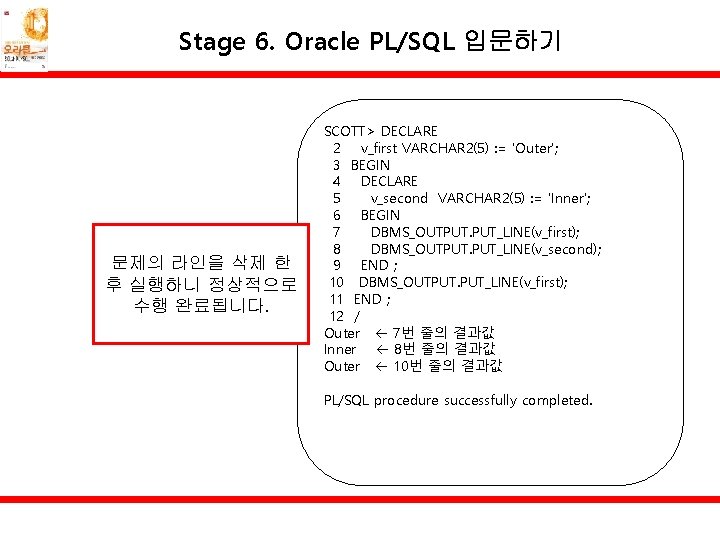 Stage 6. Oracle PL/SQL 입문하기 문제의 라인을 삭제 한 후 실행하니 정상적으로 수행 완료됩니다.