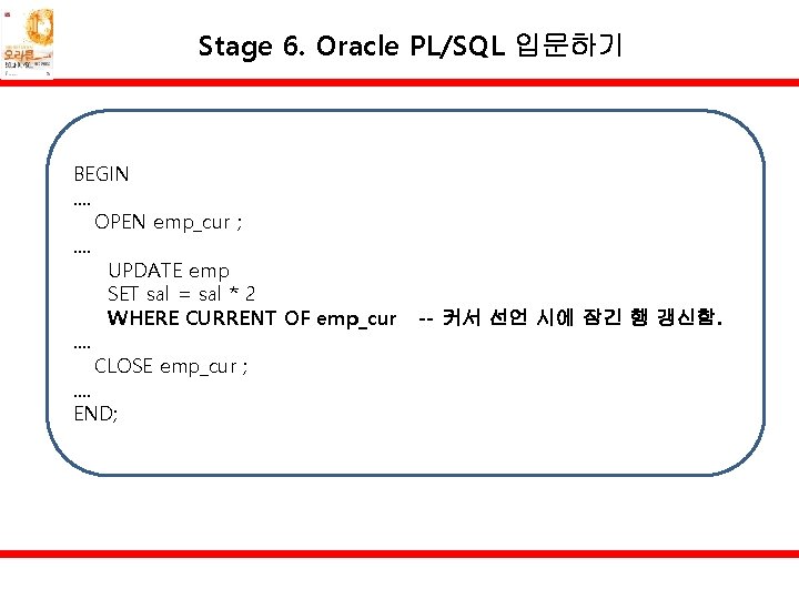 Stage 6. Oracle PL/SQL 입문하기 BEGIN. . OPEN emp_cur ; . . UPDATE emp