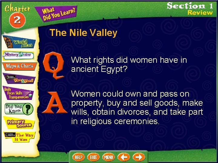 The Nile Valley What rights did women have in ancient Egypt? Women could own