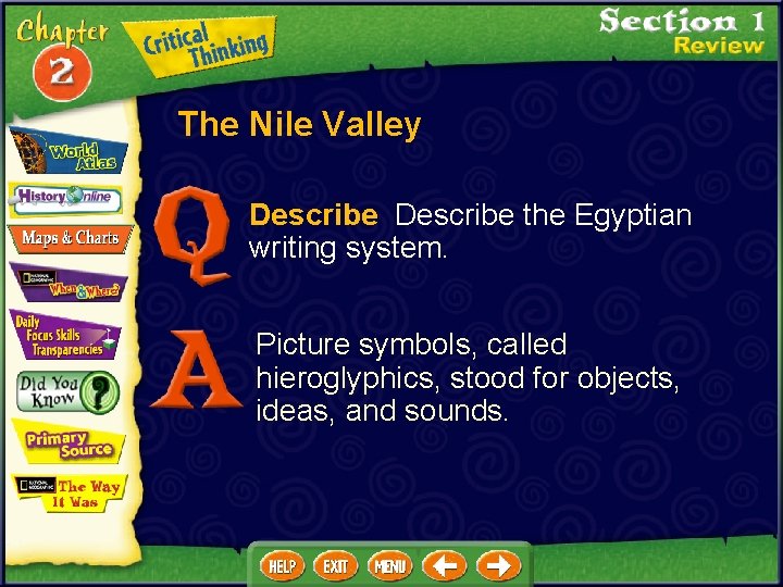 The Nile Valley Describe the Egyptian writing system. Picture symbols, called hieroglyphics, stood for